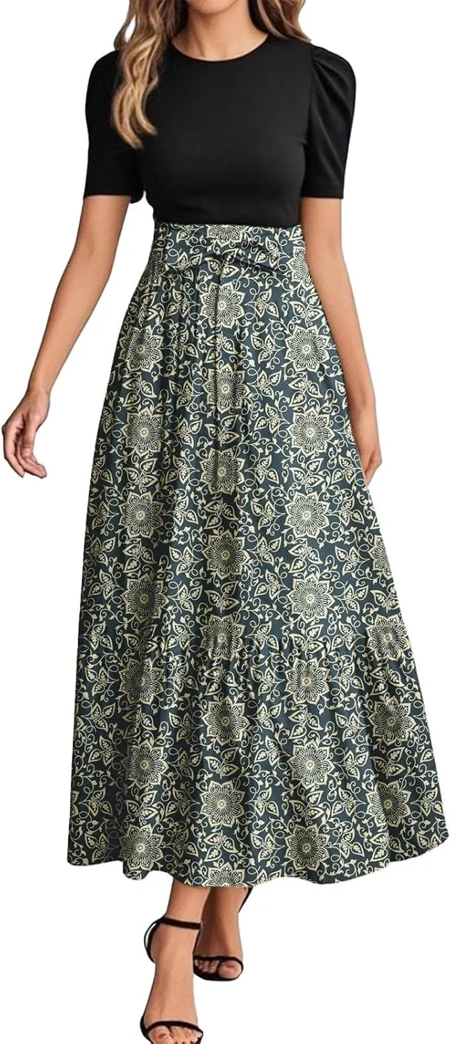 ADHOWBEW Dresses for Women 2025 Beach Casual Plus Size Trendy Flower O Neck Sexy Elegant Empire Waist Short Sleeve Dresses
