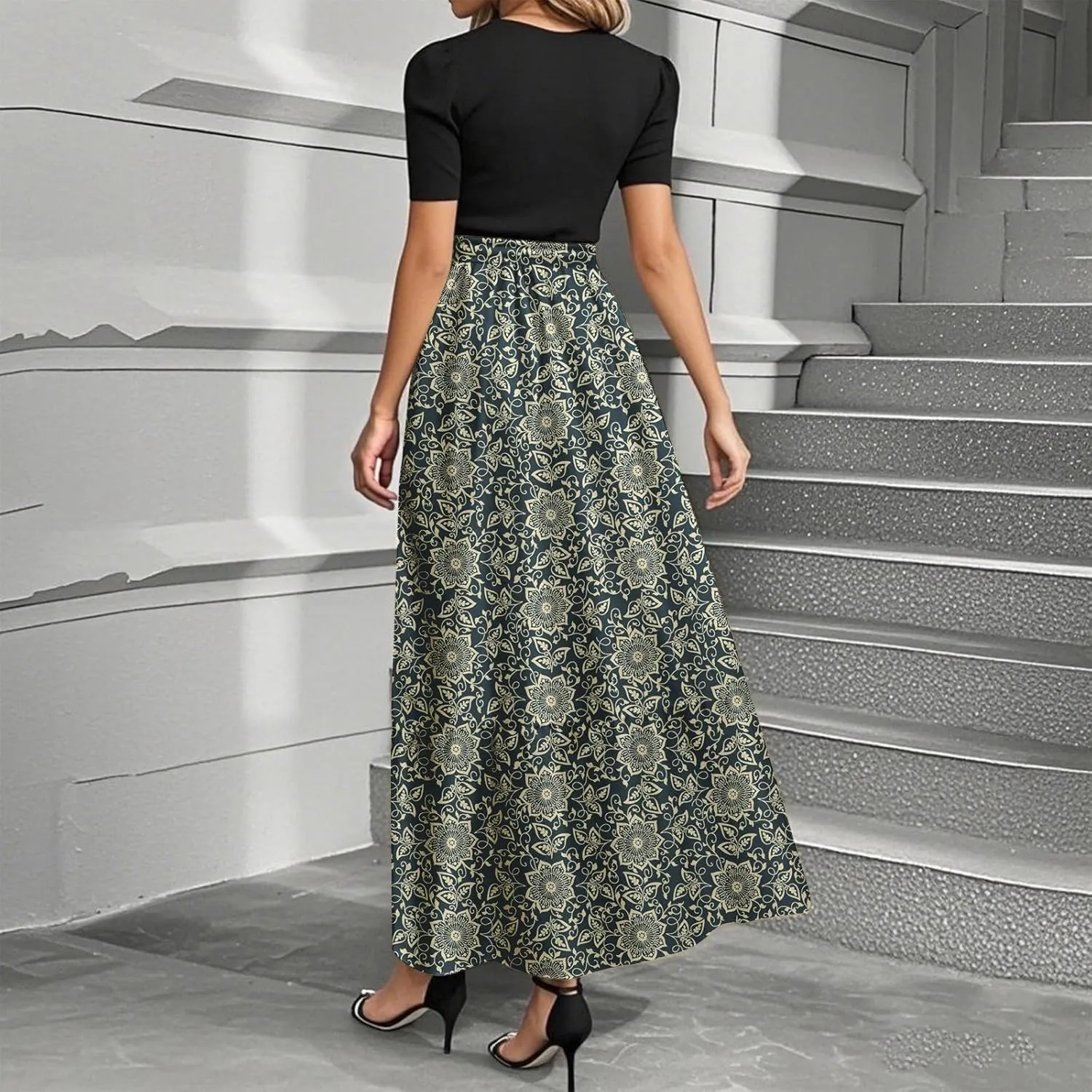 ADHOWBEW Dresses for Women 2025 Beach Casual Plus Size Trendy Flower O Neck Sexy Elegant Empire Waist Short Sleeve Dresses