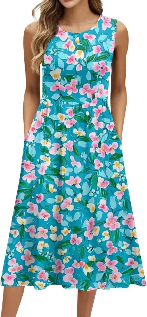 ADHOWBEW Summer Dresses for Women 2025 Plus Size Sleeveless Casual Sexy Round Neck Flowy Vacation Dresses