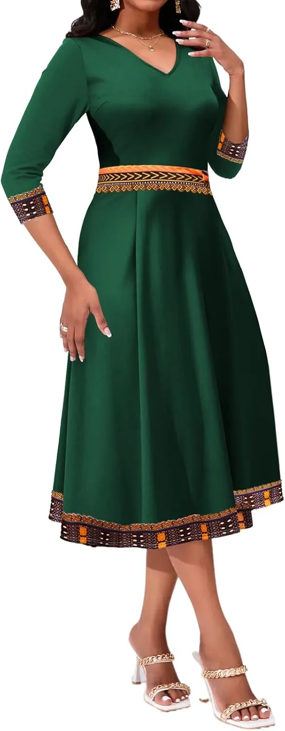 African Dresses for Women Elegant V Neck 3/4 Sleeve Casual Long Maxi African Attire Dress