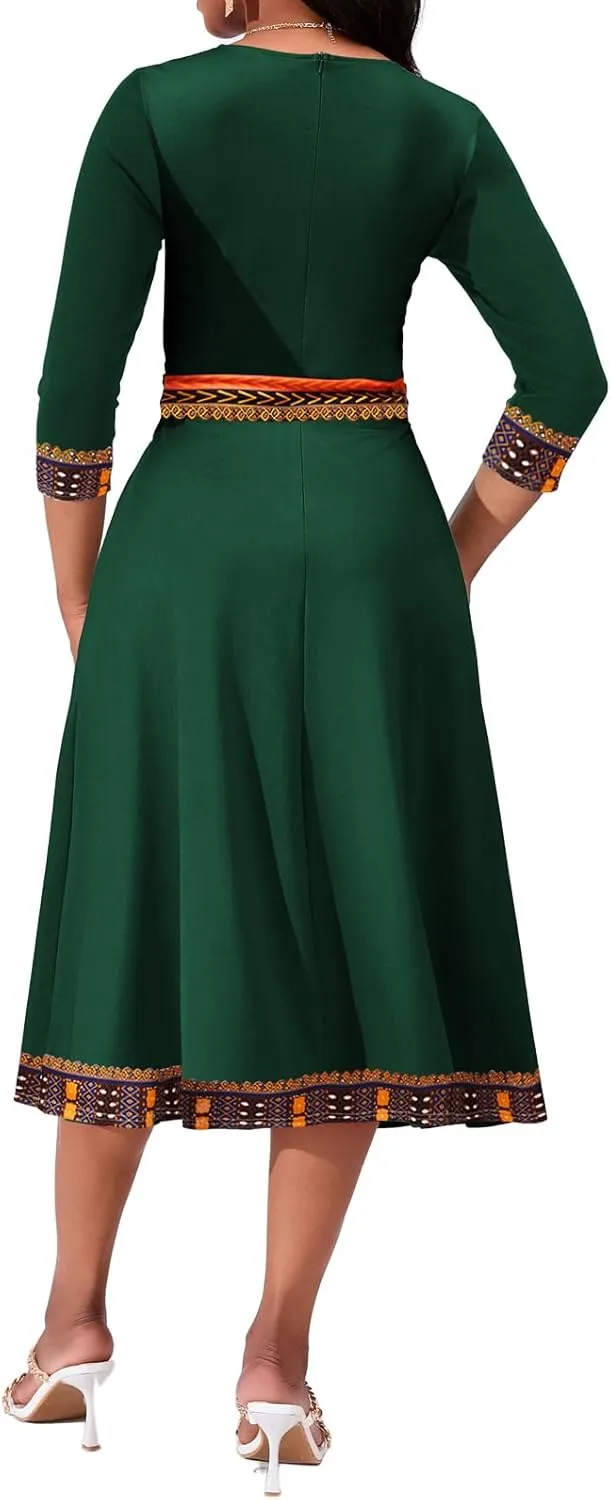 African Dresses for Women Elegant V Neck 3/4 Sleeve Casual Long Maxi African Attire Dress