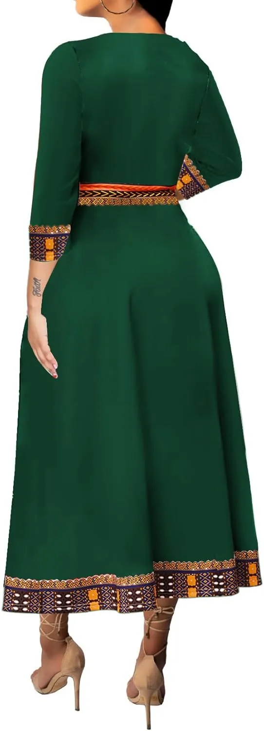 African Dresses for Women Elegant V Neck 3/4 Sleeve Casual Long Maxi African Attire Dress