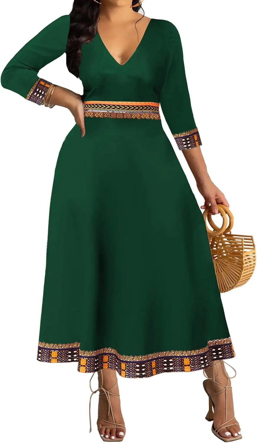 African Dresses for Women Elegant V Neck 3/4 Sleeve Casual Long Maxi African Attire Dress