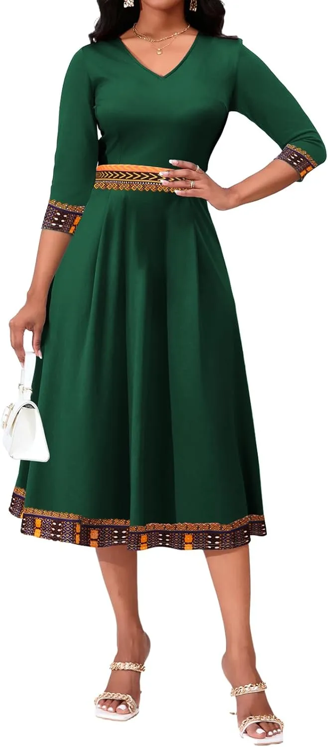 African Dresses for Women Elegant V Neck 3/4 Sleeve Casual Long Maxi African Attire Dress