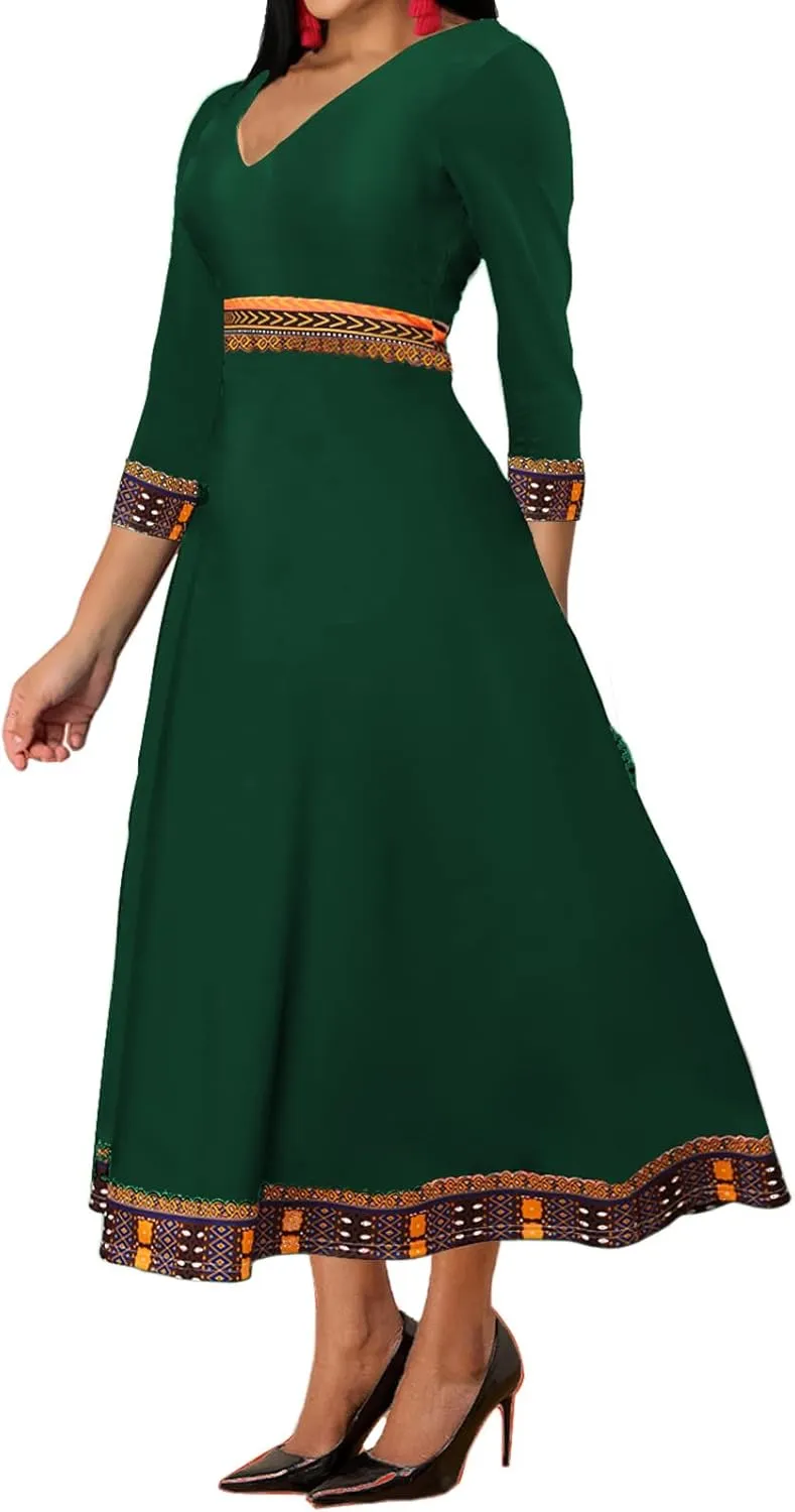 African Dresses for Women Elegant V Neck 3/4 Sleeve Casual Long Maxi African Attire Dress