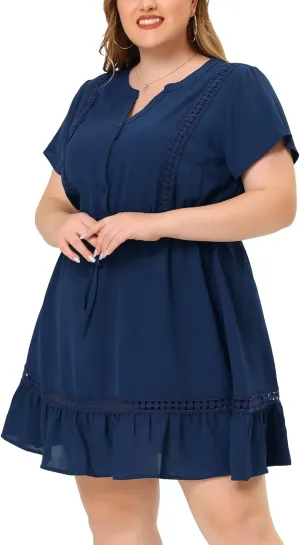 Agnes Orinda Plus Size Dress for Women Button V Neck Summer Midi Ruffle A Line Swing Dresses