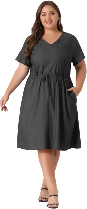 Agnes Orinda Women's Plus Size Dress V Neck Short Sleeve A Line Flowy Midi Chambray Dresses 2024 Summer