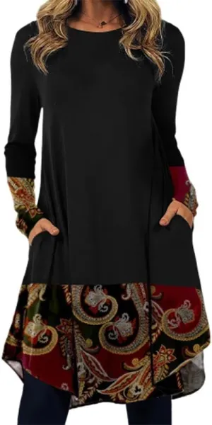 Akivide Womens Ethnic Style Floral Printed Long Sleeve Maxi Dress Fall Casual Loose Crewneck Dresses with Pocket for Women