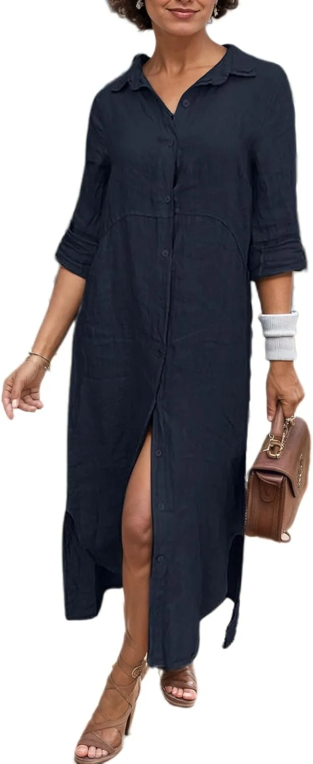 Akivide Women's Summer Cotton Linen Button Down V Neck Dress Casual Flowy Short Sleeve Ruffle Hem Vacation Midi Dress