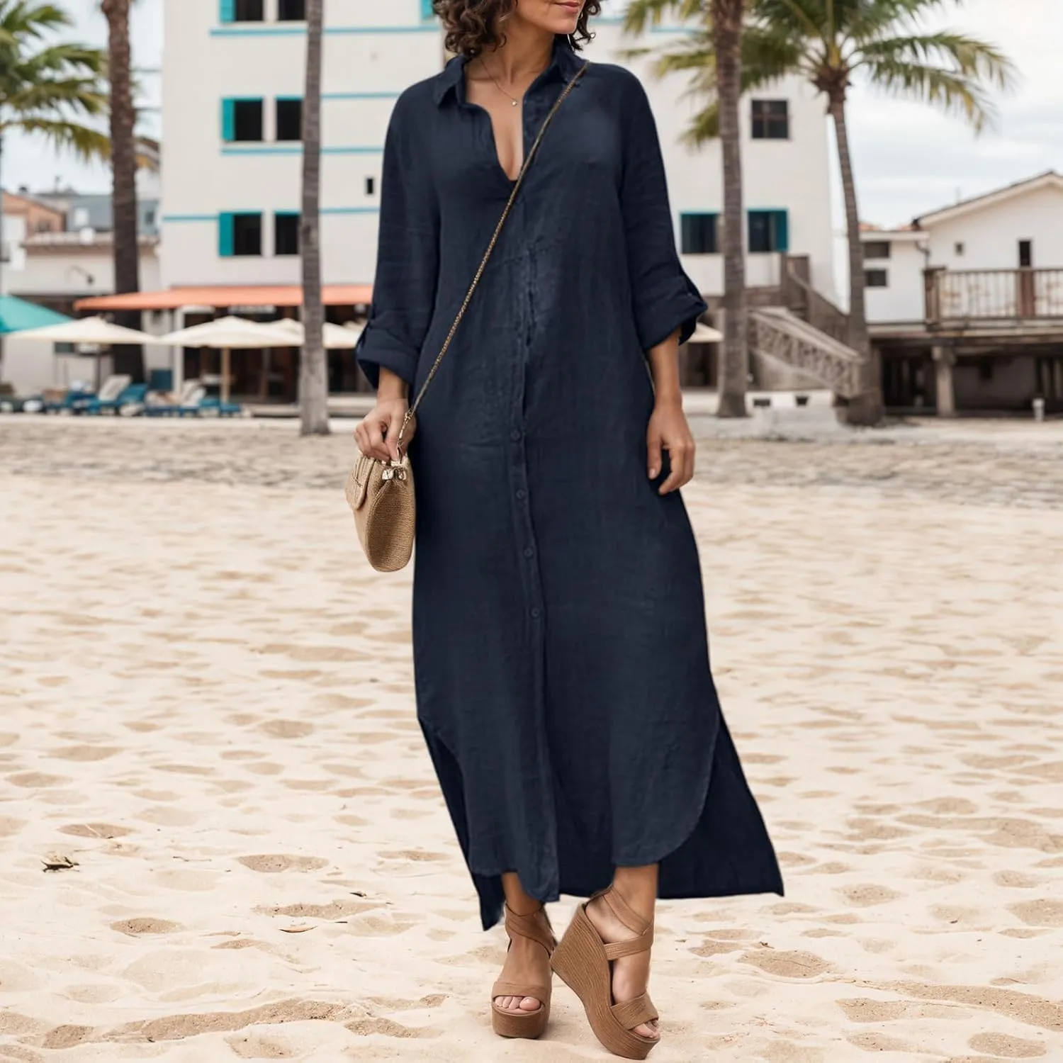 Akivide Women's Summer Cotton Linen Button Down V Neck Dress Casual Flowy Short Sleeve Ruffle Hem Vacation Midi Dress