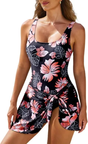 Aleumdr One Piece Swimdress Swimsuits for Women Tummy Control Tie Knot Swim Dresses Skirt Bathing Suit