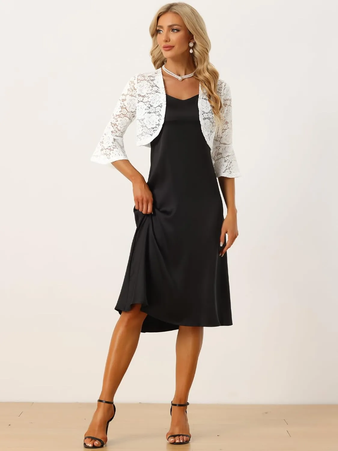 Allegra K Lace Shrug for Women's Evening Open Front Bell Sleeves Elegant Bolero Cardigan
