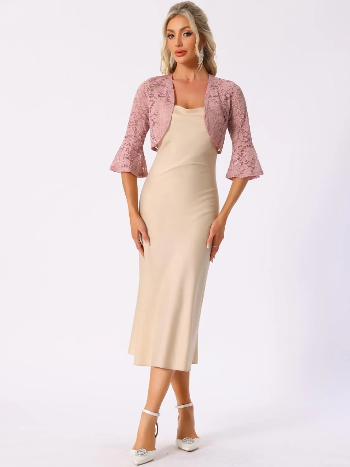 Allegra K Lace Shrug for Women's Evening Open Front Bell Sleeves Elegant Bolero Cardigan