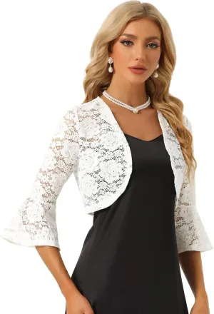 Allegra K Lace Shrug for Women's Evening Open Front Bell Sleeves Elegant Bolero Cardigan