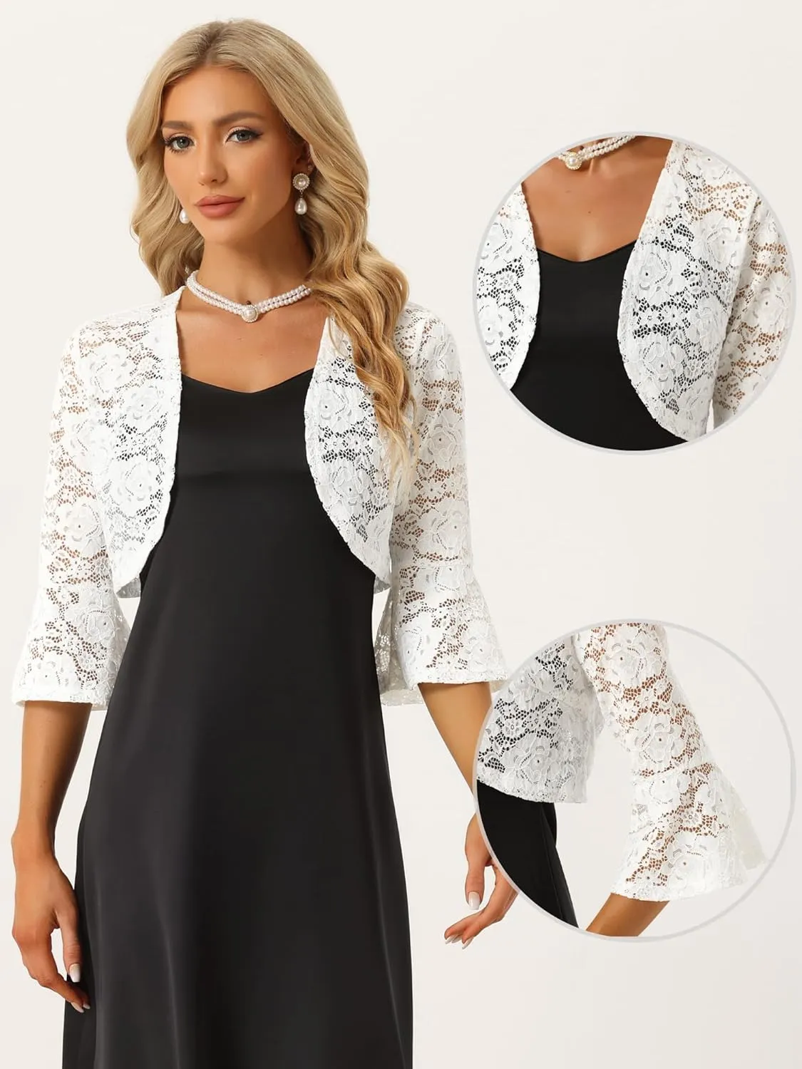 Allegra K Lace Shrug for Women's Evening Open Front Bell Sleeves Elegant Bolero Cardigan