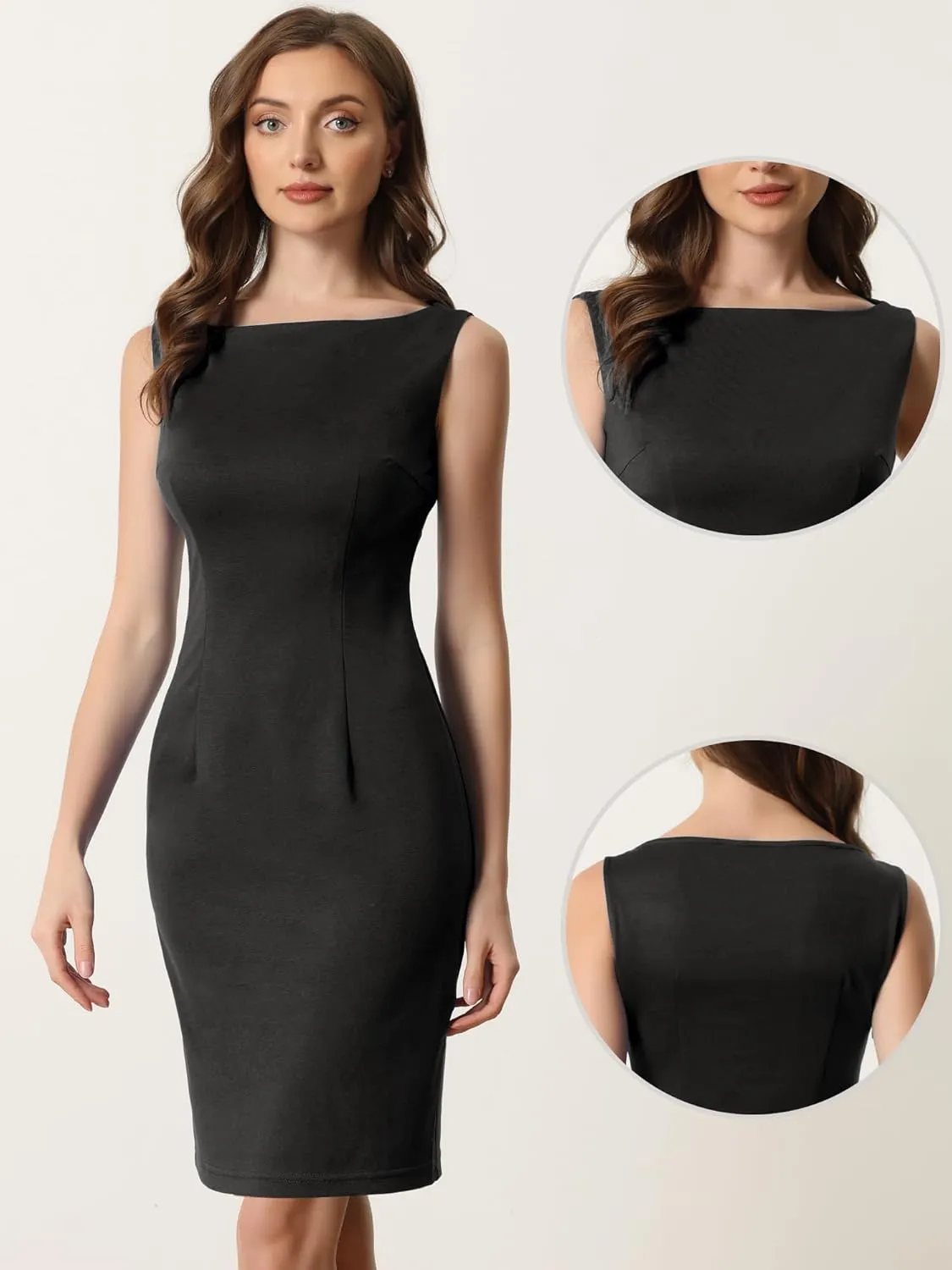 Allegra K Sleeveless Sheath Dress for Women's 2024 Boat Neck Teacher Casual Office Dresses