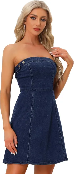 Allegra K Women's Strapless Jean Dresses Sexy Sleeveless One Piece Outfits Denim Dress