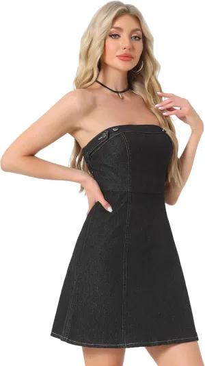 Allegra K Women's Strapless Jean Dresses Sexy Sleeveless One Piece Outfits Denim Dress