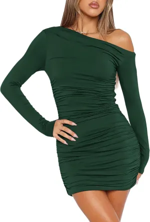 Amkoyam Women's 2025 Sexy Off Shoulder Dress Long Sleeve Bodycon Ruched Formal Cocktail Party Mini Dresses