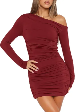 Amkoyam Women's 2025 Sexy Off Shoulder Dress Long Sleeve Bodycon Ruched Formal Cocktail Party Mini Dresses
