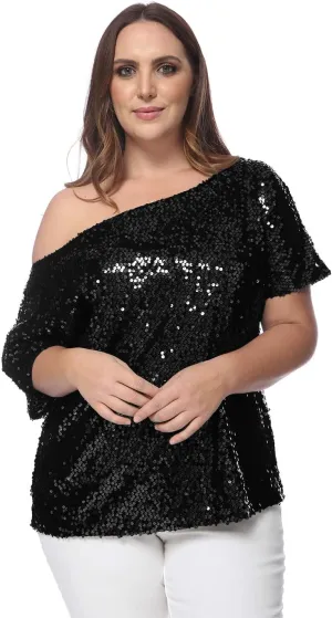 Anna-Kaci Women's Plus Size Sequin Sexy One Shoulder Short Sleeve Party Club Top