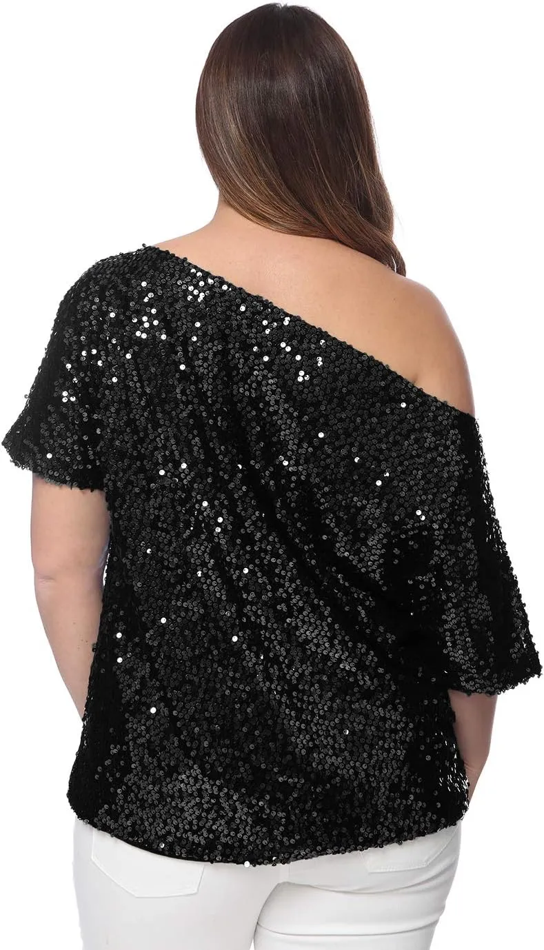 Anna-Kaci Women's Plus Size Sequin Sexy One Shoulder Short Sleeve Party Club Top