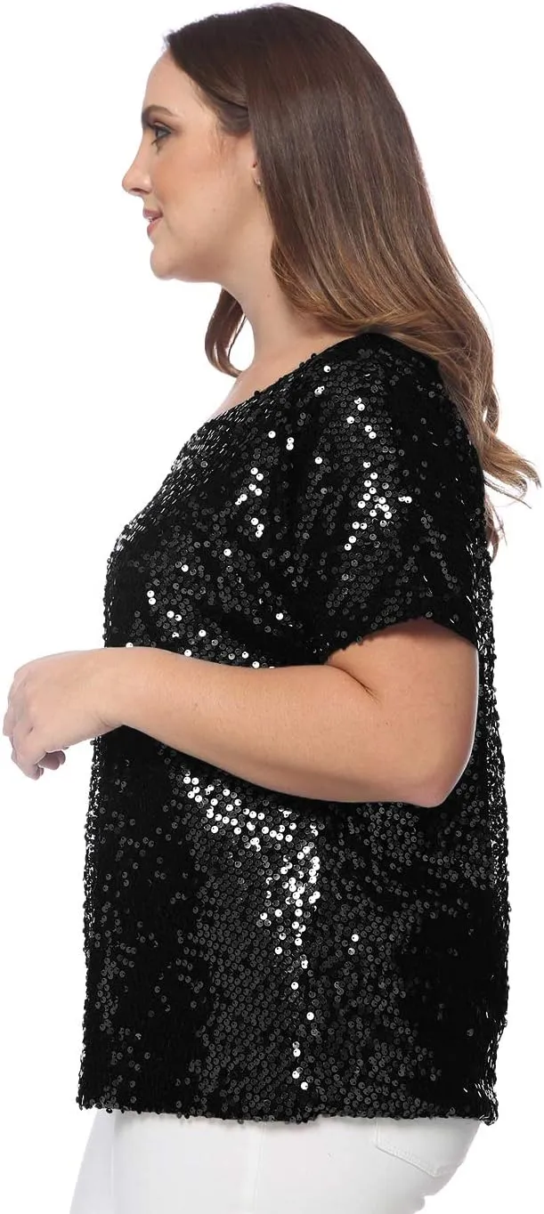 Anna-Kaci Women's Plus Size Sequin Sexy One Shoulder Short Sleeve Party Club Top