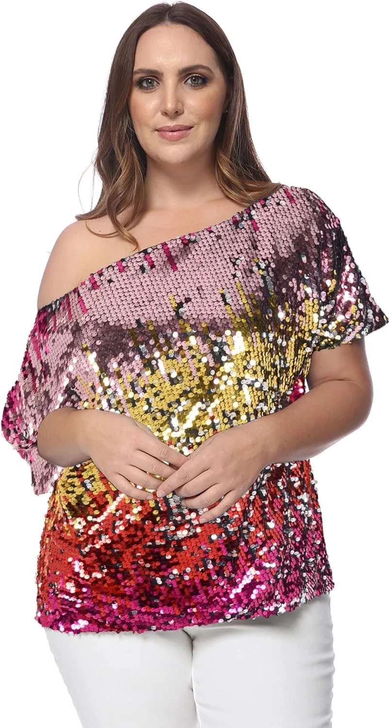 Anna-Kaci Women's Plus Size Sequin Sexy One Shoulder Short Sleeve Party Club Top