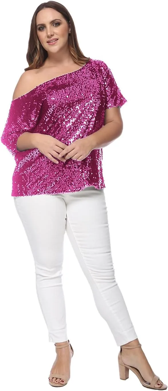 Anna-Kaci Women's Plus Size Sequin Sexy One Shoulder Short Sleeve Party Club Top