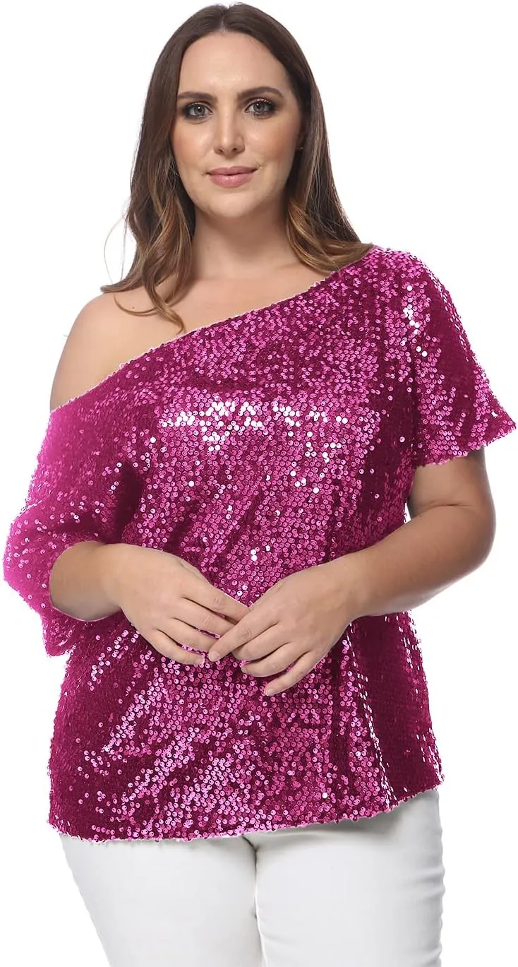 Anna-Kaci Women's Plus Size Sequin Sexy One Shoulder Short Sleeve Party Club Top