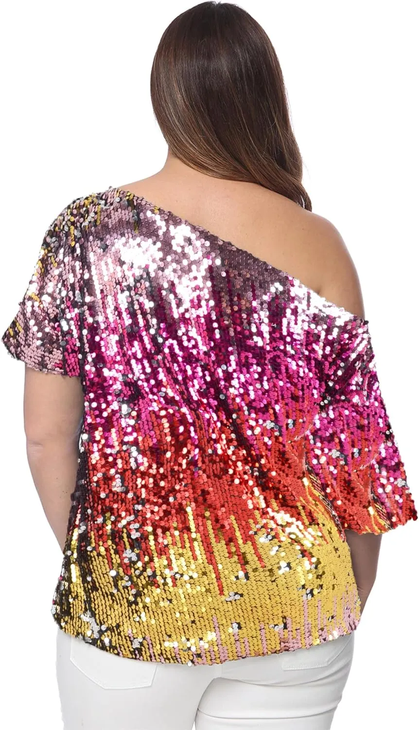 Anna-Kaci Women's Plus Size Sequin Sexy One Shoulder Short Sleeve Party Club Top