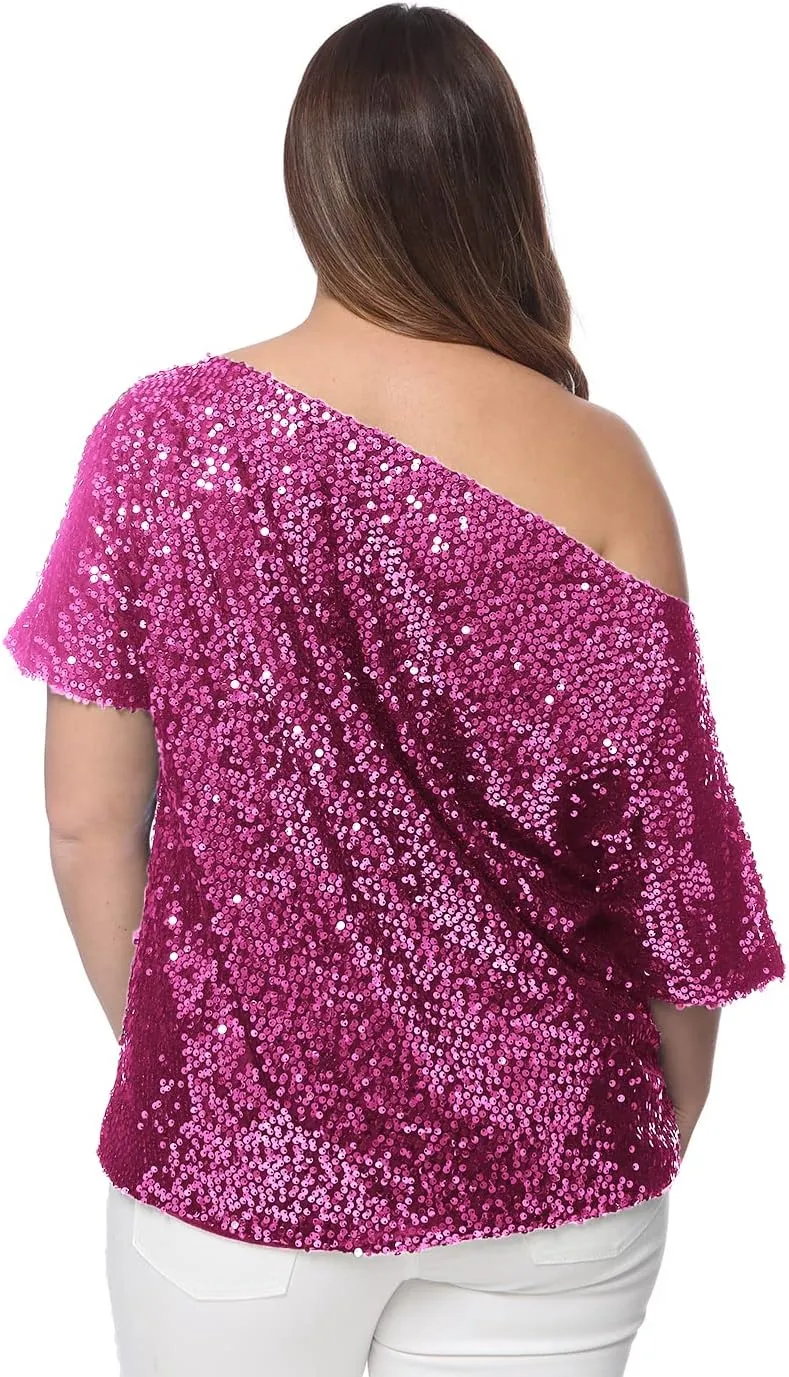 Anna-Kaci Women's Plus Size Sequin Sexy One Shoulder Short Sleeve Party Club Top