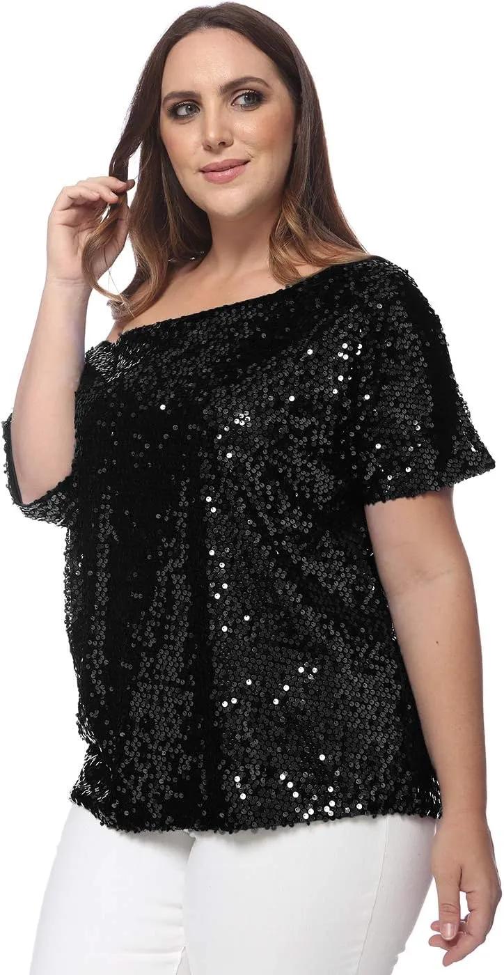 Anna-Kaci Women's Plus Size Sequin Sexy One Shoulder Short Sleeve Party Club Top