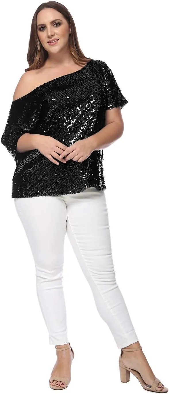 Anna-Kaci Women's Plus Size Sequin Sexy One Shoulder Short Sleeve Party Club Top