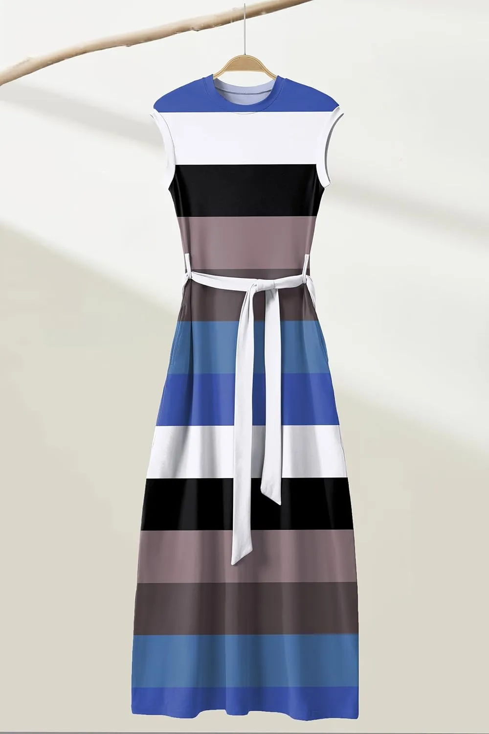 AOMONI Women Summer Casual Maxi Sleeveless Dress with Pockets High Waist Round Neck Tie Waist Striped Dresses