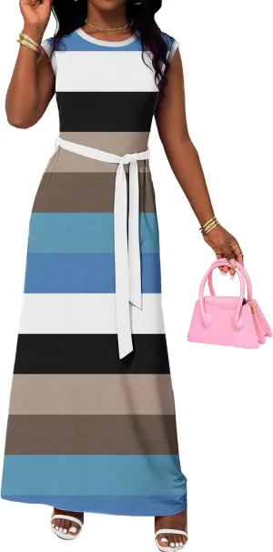 AOMONI Women Summer Casual Maxi Sleeveless Dress with Pockets High Waist Round Neck Tie Waist Striped Dresses