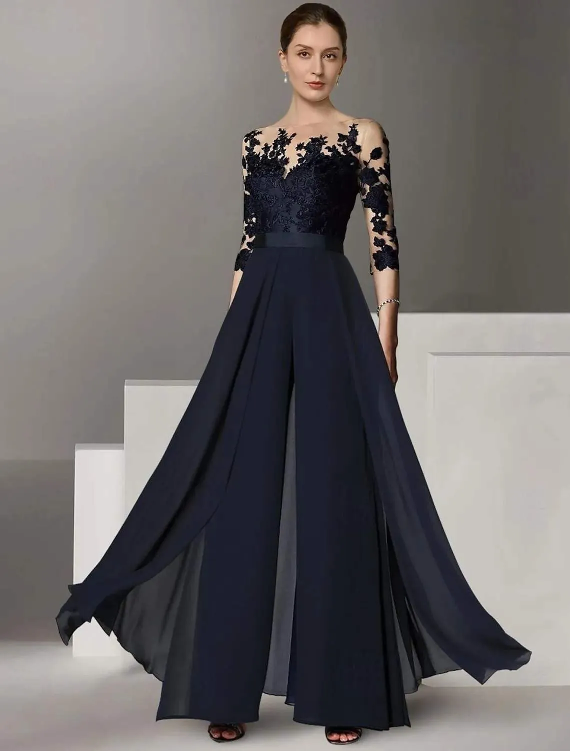 AUMEELAM Soft Chiffon Mother of The Bride Pant Suits for Wedding Lace Appliques Outfit Sets for Wedding Guest with Sleeves