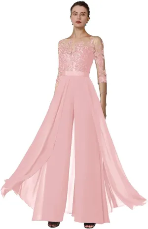 AUMEELAM Soft Chiffon Mother of The Bride Pant Suits for Wedding Lace Appliques Outfit Sets for Wedding Guest with Sleeves