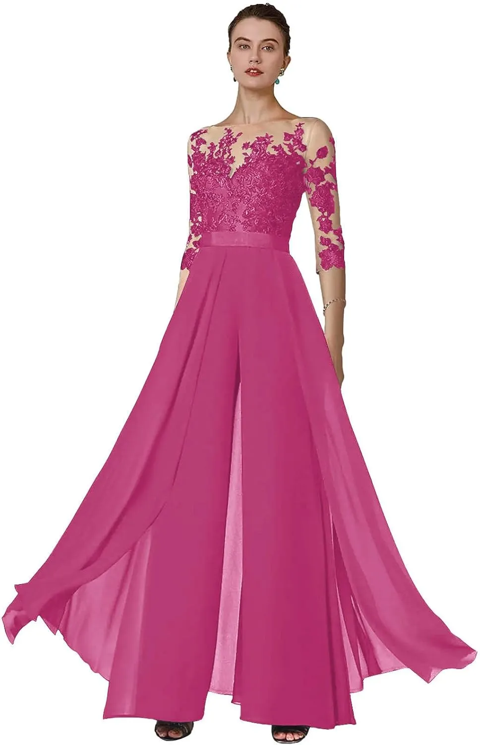AUMEELAM Soft Chiffon Mother of The Bride Pant Suits for Wedding Lace Appliques Outfit Sets for Wedding Guest with Sleeves