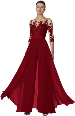 AUMEELAM Soft Chiffon Mother of The Bride Pant Suits for Wedding Lace Appliques Outfit Sets for Wedding Guest with Sleeves