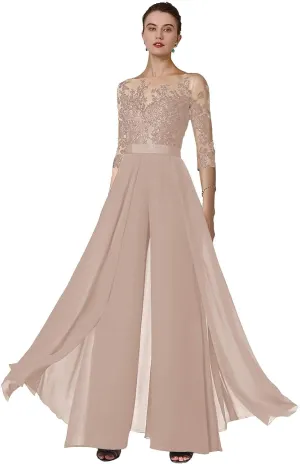 AUMEELAM Soft Chiffon Mother of The Bride Pant Suits for Wedding Lace Appliques Outfit Sets for Wedding Guest with Sleeves