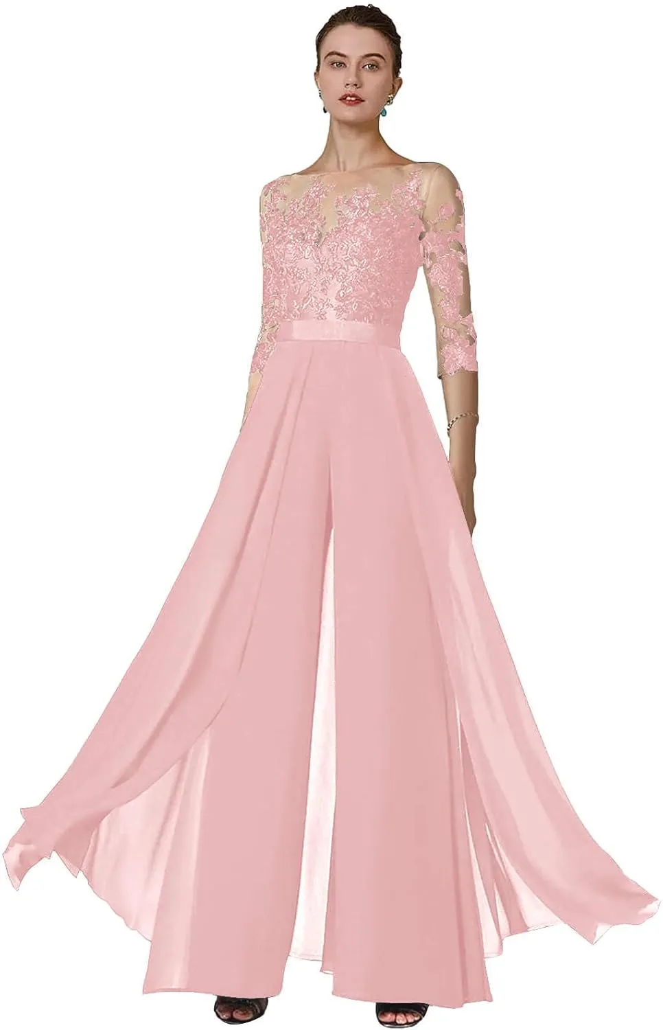 AUMEELAM Soft Chiffon Mother of The Bride Pant Suits for Wedding Lace Appliques Outfit Sets for Wedding Guest with Sleeves