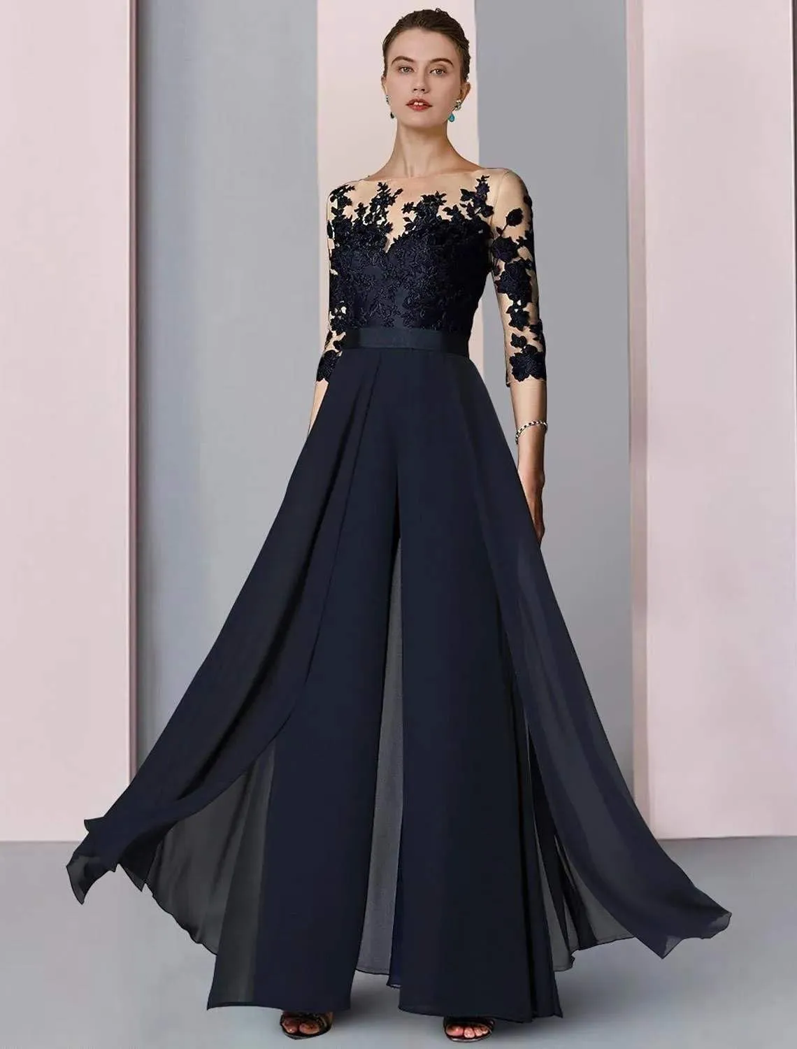 AUMEELAM Soft Chiffon Mother of The Bride Pant Suits for Wedding Lace Appliques Outfit Sets for Wedding Guest with Sleeves