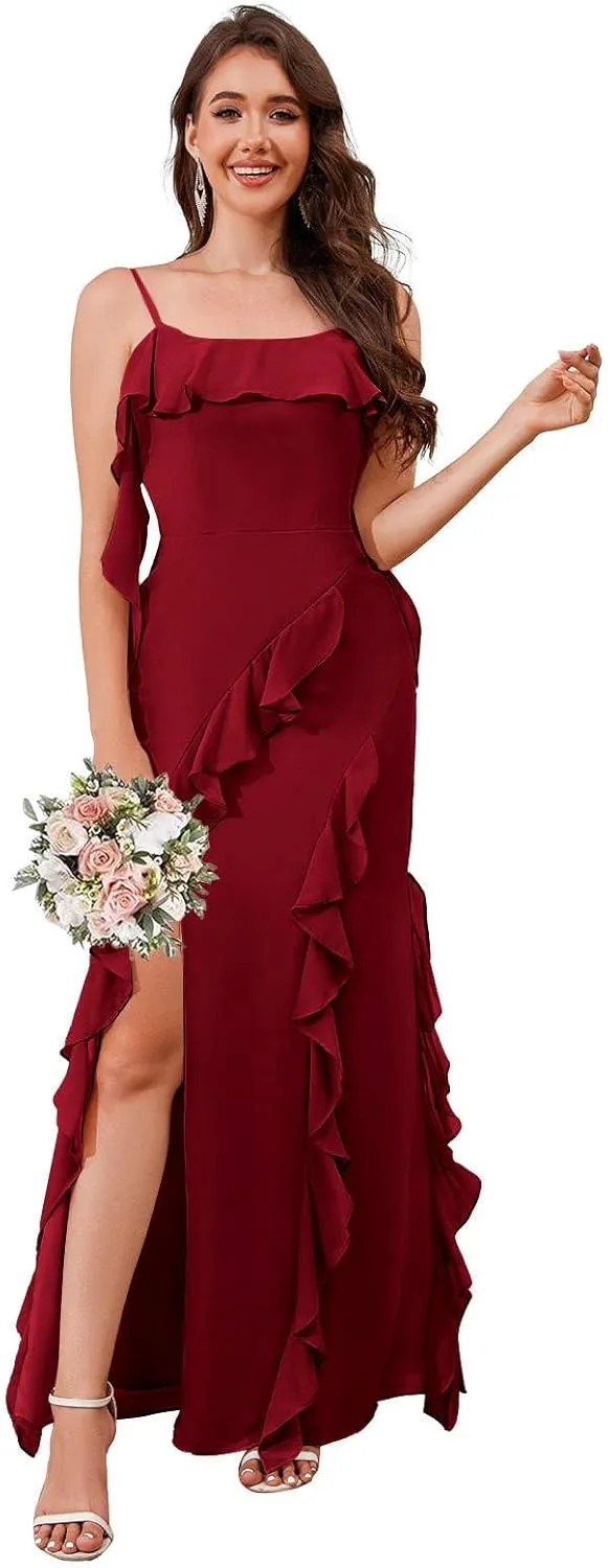 AUMEELAM Square Neck Long Bridesmaid Dresses for Wedding Soft Chiffon Pleated A Line Ruffles Formal Evening Dress