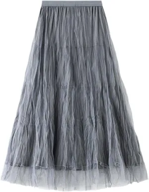 Autumn Winter Long Velvet Tulle Skirt, Women Casual High Waist Midi Pleated Skirts, Female Chic Reversible Skirt