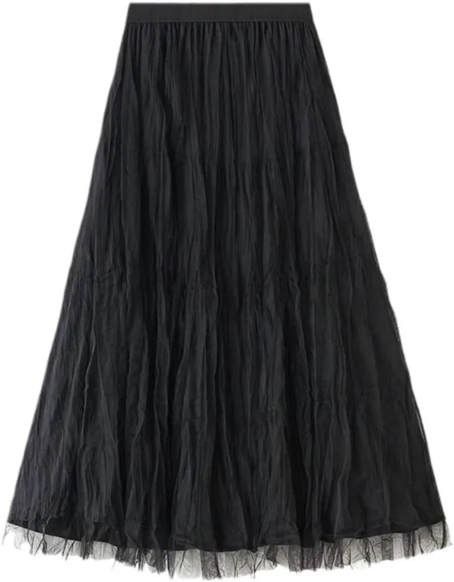 Autumn Winter Long Velvet Tulle Skirt, Women Casual High Waist Midi Pleated Skirts, Female Chic Reversible Skirt