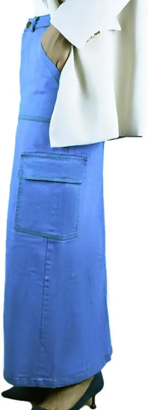 Autumn Women's Anklet Length Denim Skirts OL Cargo Skirts A-Line Stretch High Waist 4 Pockets Jean Skirts Casual Wearing Blue