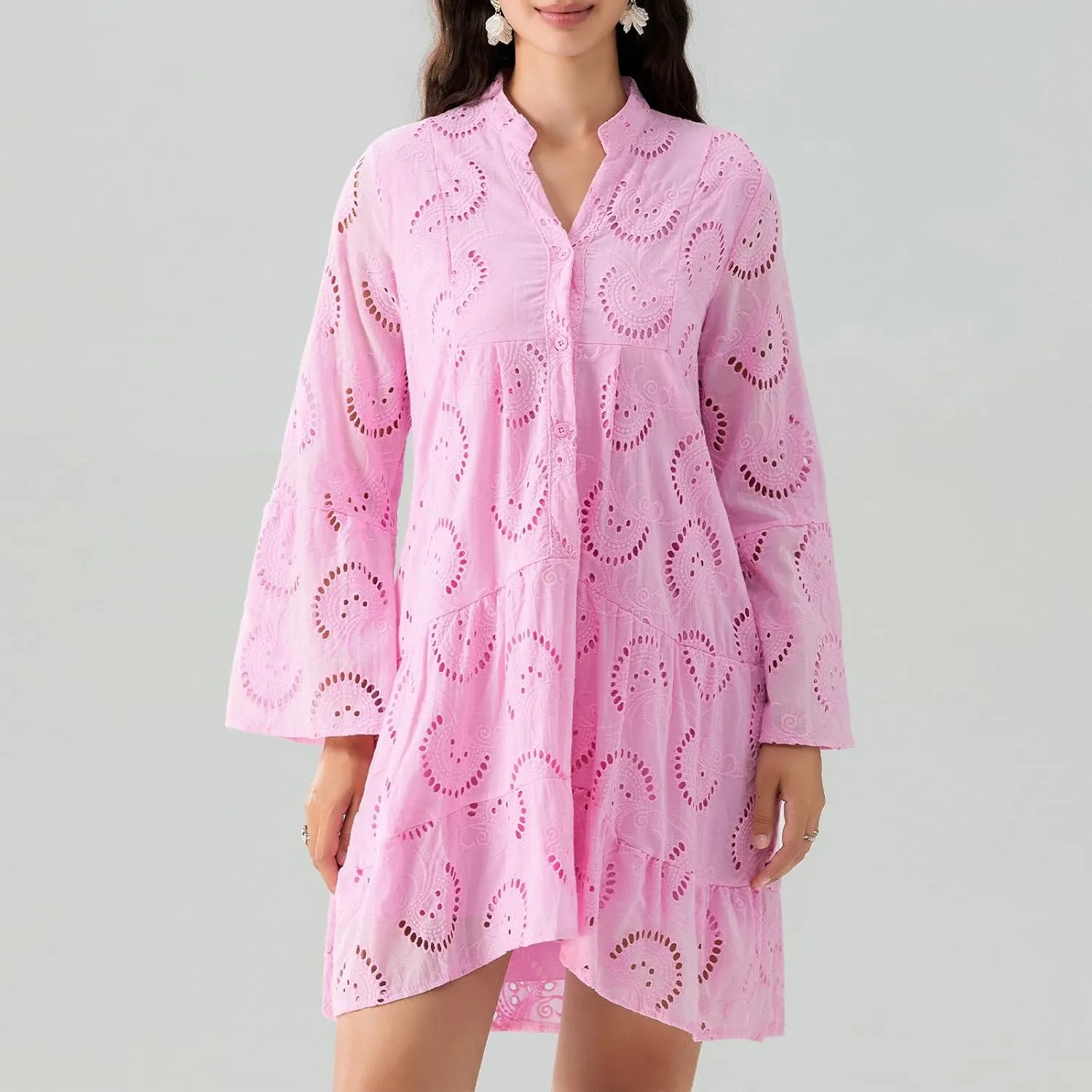 Awoscut Women's Summer Dresses Casual Flared Long Sleeve V Neck Loose Lace Shirt Dress Beach Swing Sundress