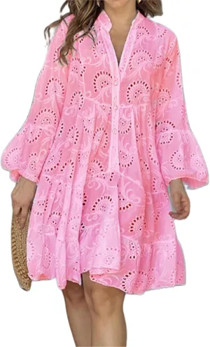 Awoscut Women's Summer Dresses Casual Flared Long Sleeve V Neck Loose Lace Shirt Dress Beach Swing Sundress