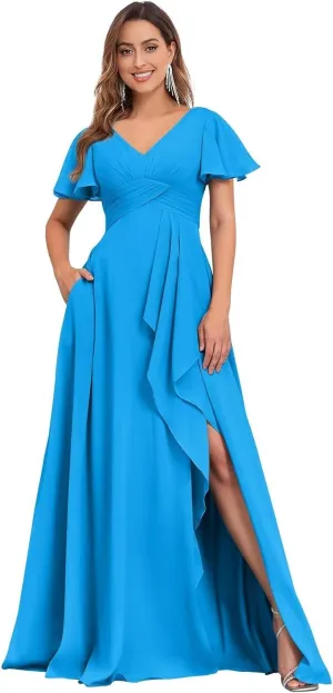 BANTRATIC Bridesmaid Dress with Pockets Ruffle Sleeve Slit V-Neck Empire Waist Long Chiffon Wedding Guest Formal Gown